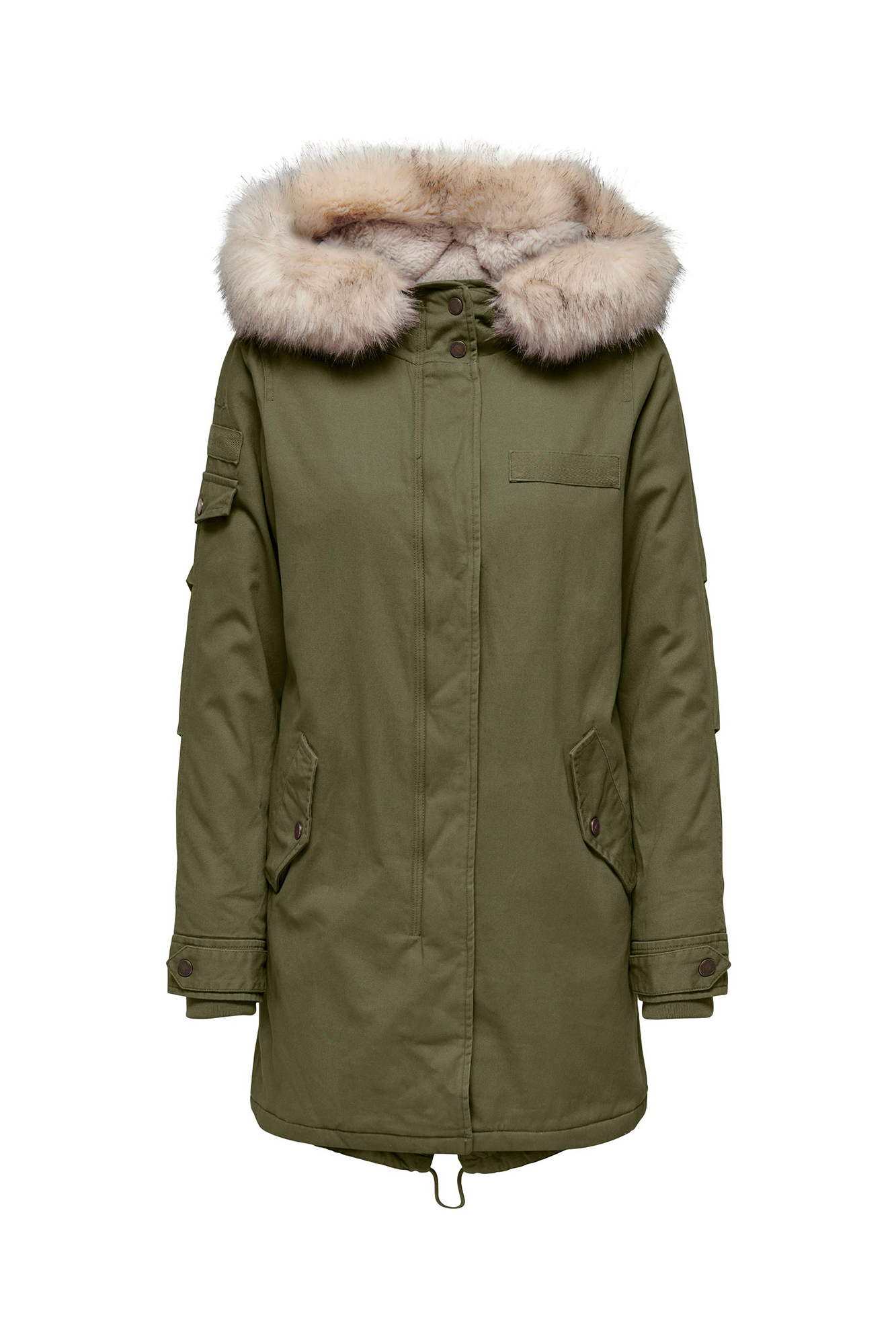 Parka com capuz e detalhes em pele.