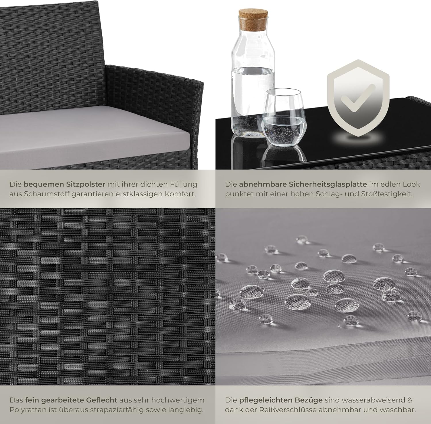 tectake® Rattan Gartenmöbel Set, Outdoor Lounge Möbel,1x Gartenbank, 2X Stuhl, 1x Balkontisch, mit Outdoor Kissen wetterfest, Balkonmöbel Kleiner Balkon, Lounge Gartenmöbel, Terrassenmöbel - schwarz