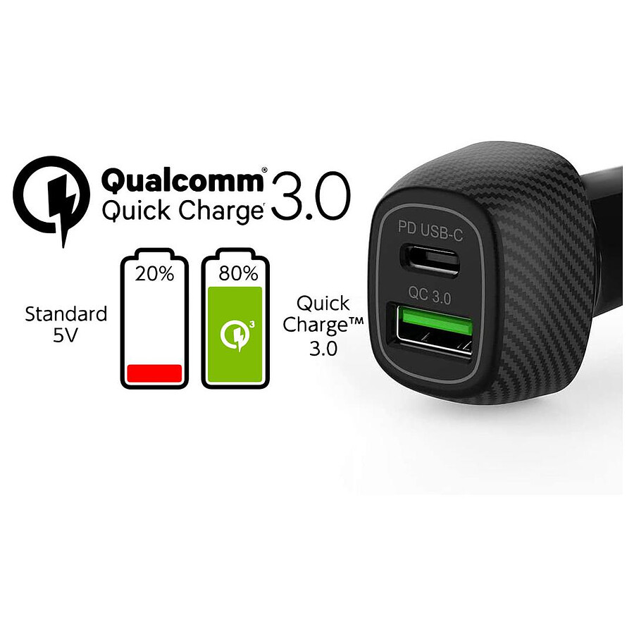 Akashi Turbo Chargeur Allume Cigare USB-C 18W + USB-A Quick Charge 3.0