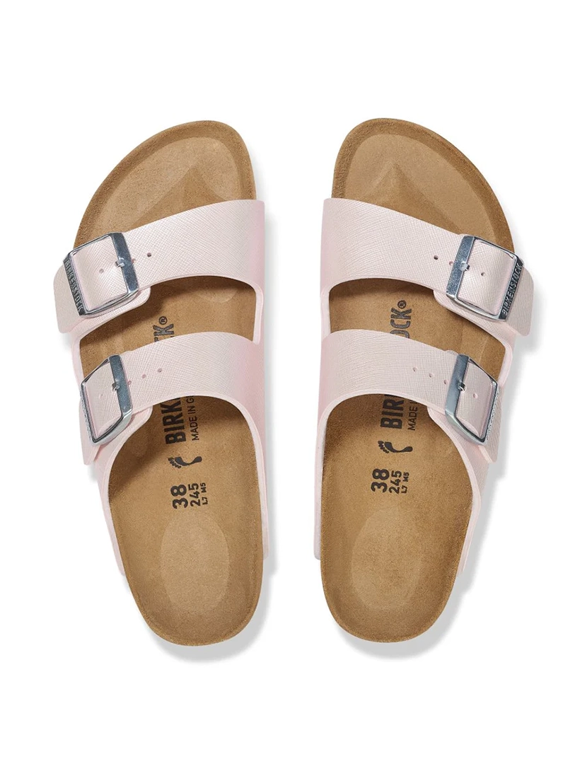 Arizona Bs Birko-Flor Embossed Saffiano Iridescent Pink Narrow Sandals