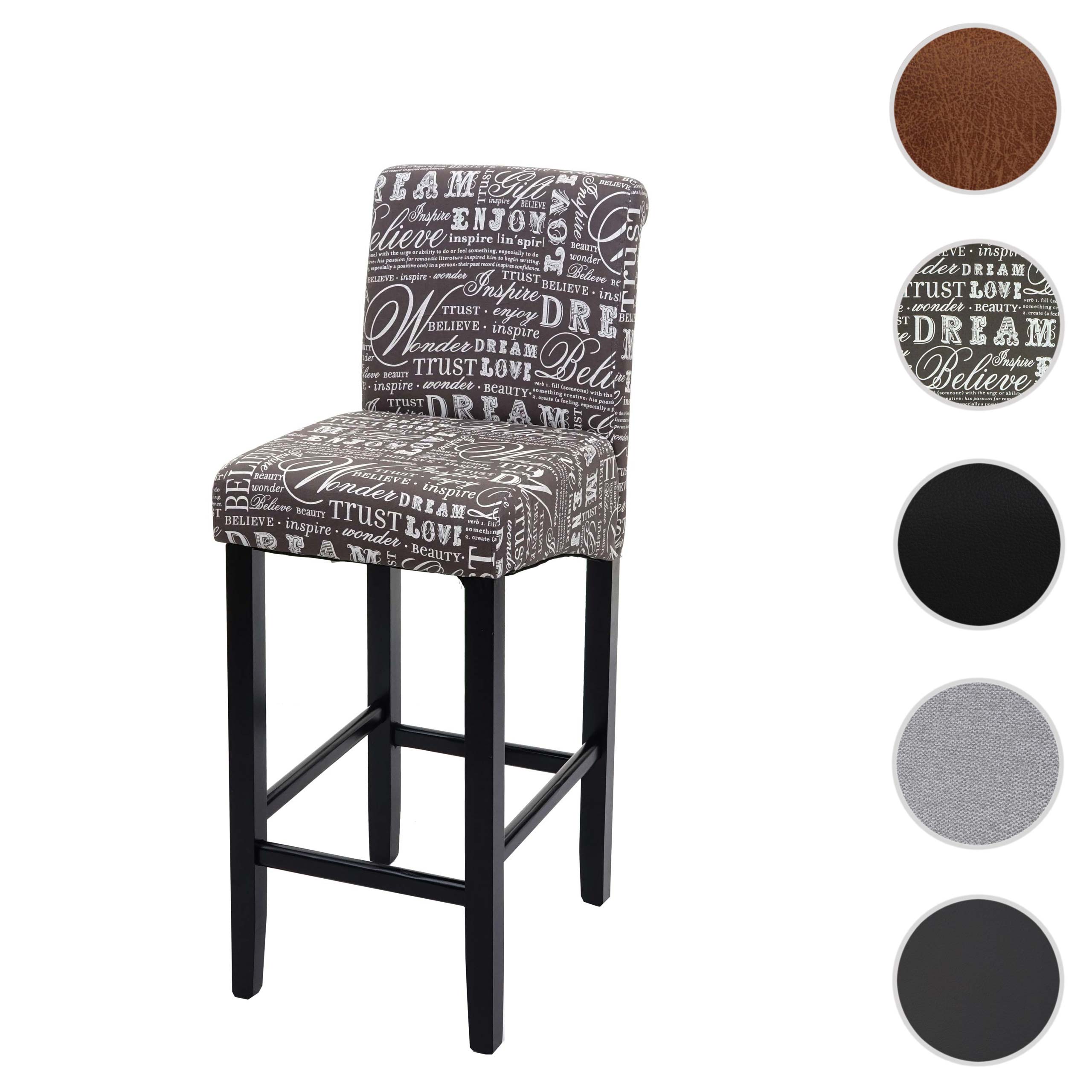 Barhocker MCW-C33, Barstuhl Tresenhocker, Holz MVG-zertifiziert ~ Schriftzug, grau, dunkle Beine, Stoff/Textil