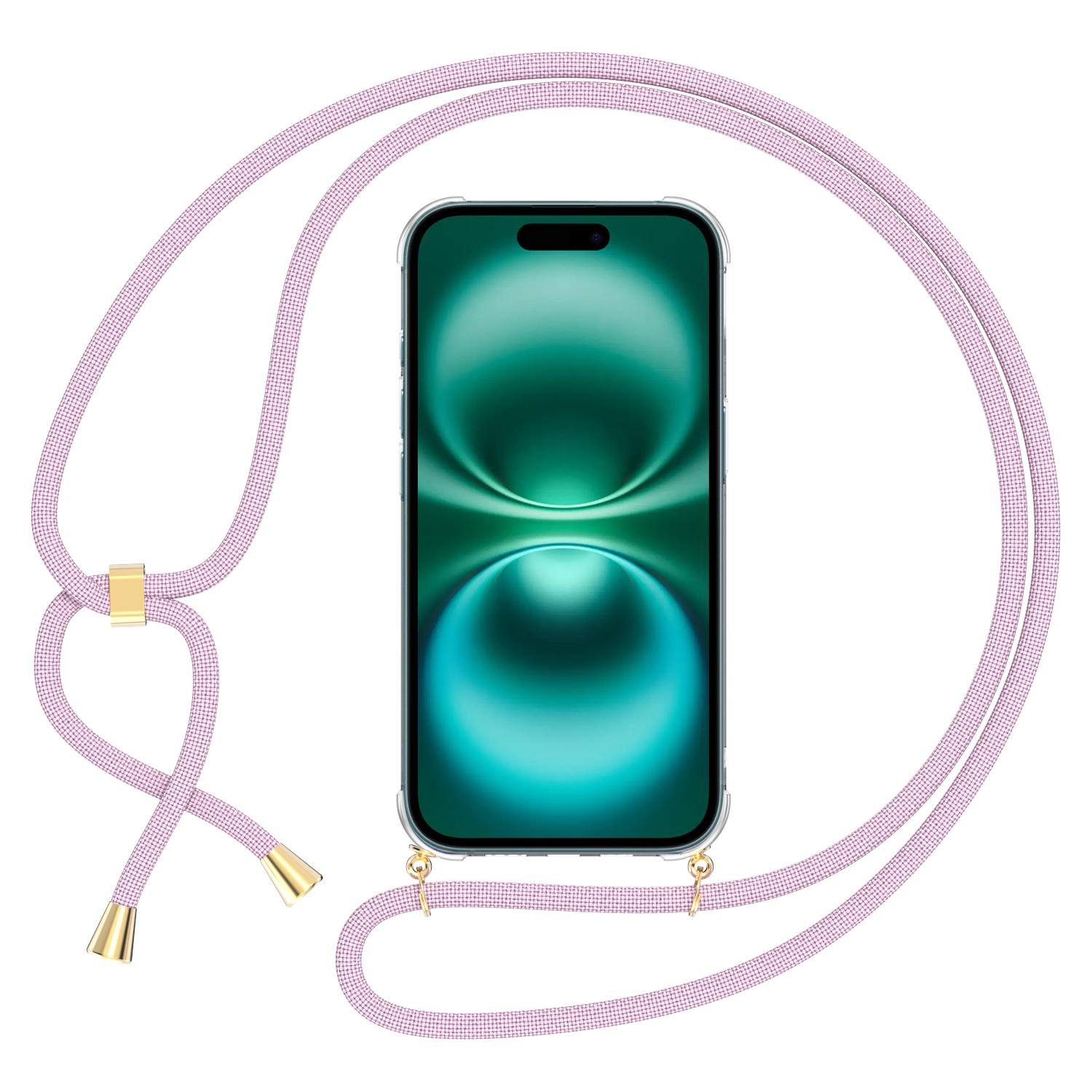iPhone 16 Necklace Gummi Hülle Air Cushion Fallschutz   Handykette (150cm) - Roségold / Gold