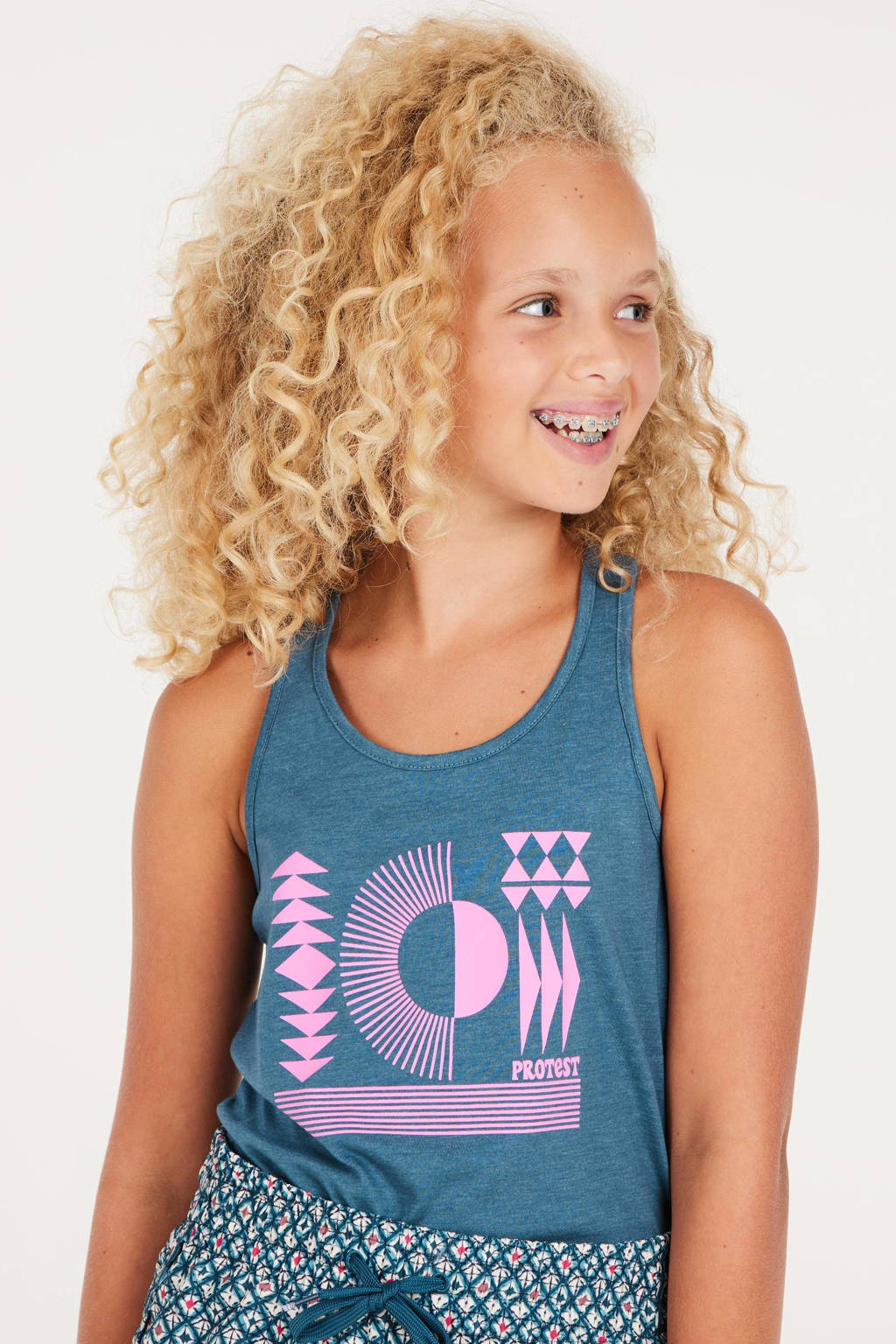 Protest singlet met printopdruk middenblauw/roze