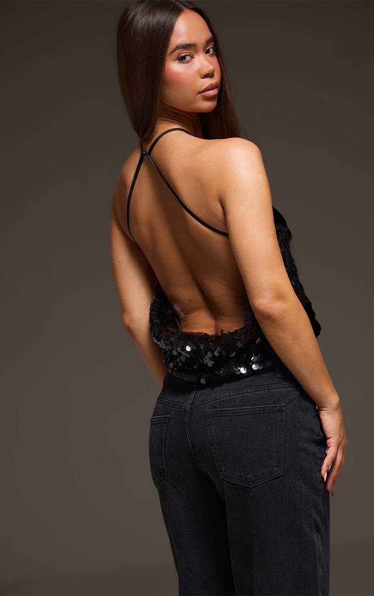 Noir Haut Dos Bénitier À Sequins Ronds Et Encolure Américaine