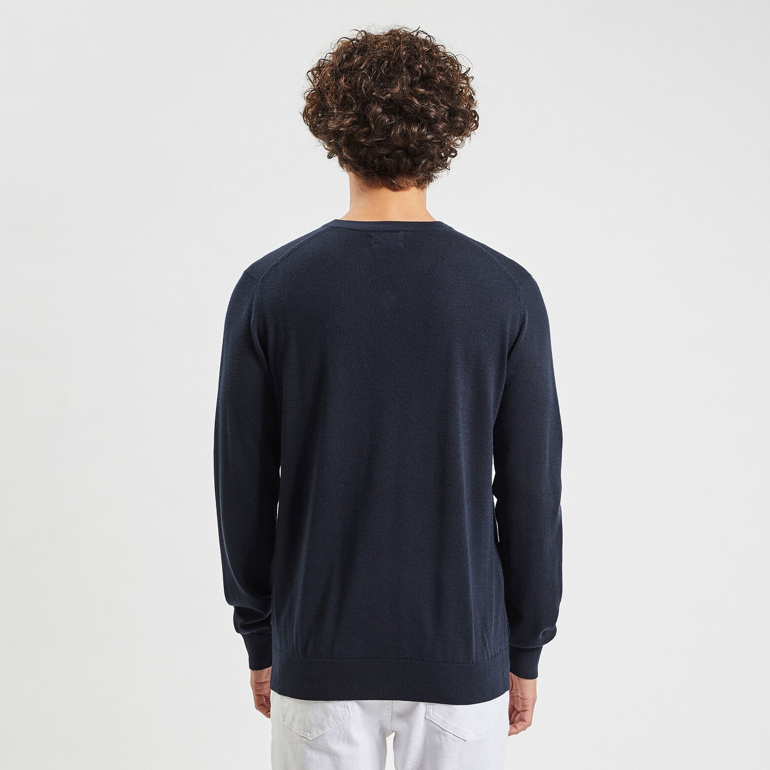Pull col v en laine mérinos Bleu moyen