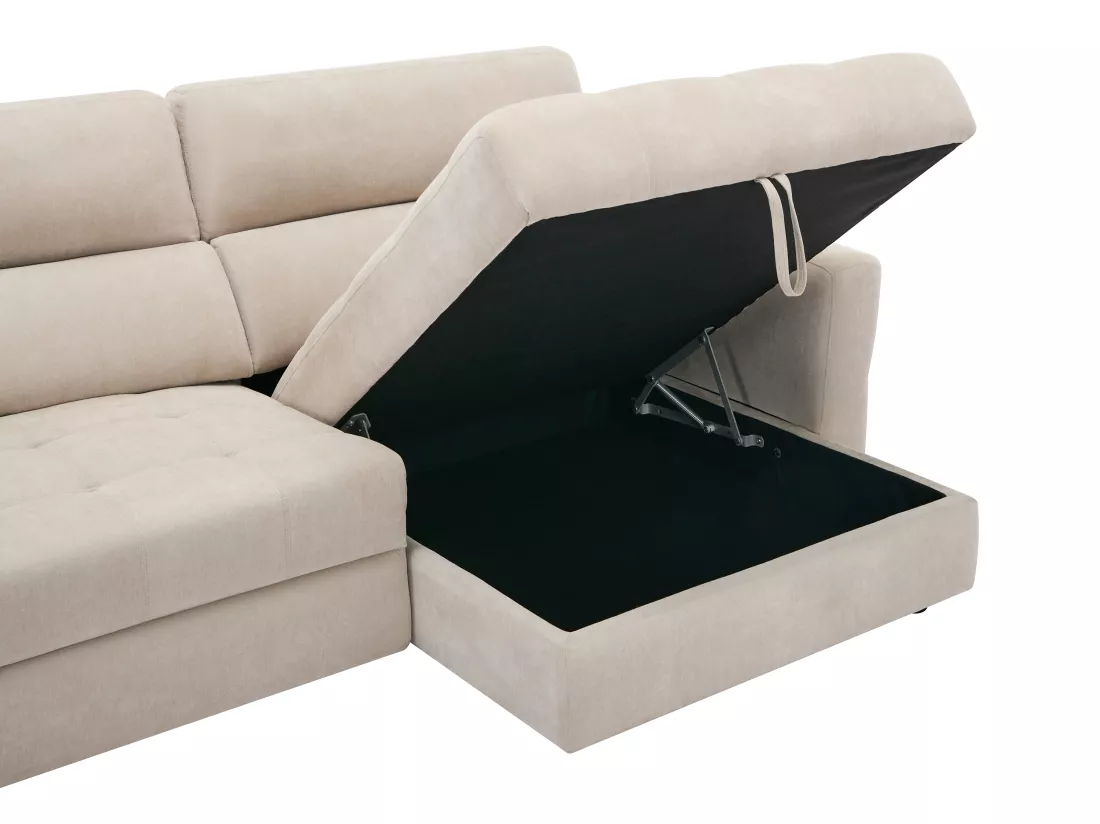 Canapé d'angle droit relax électrique avec assise coulissante en tissu beige OLMERIO