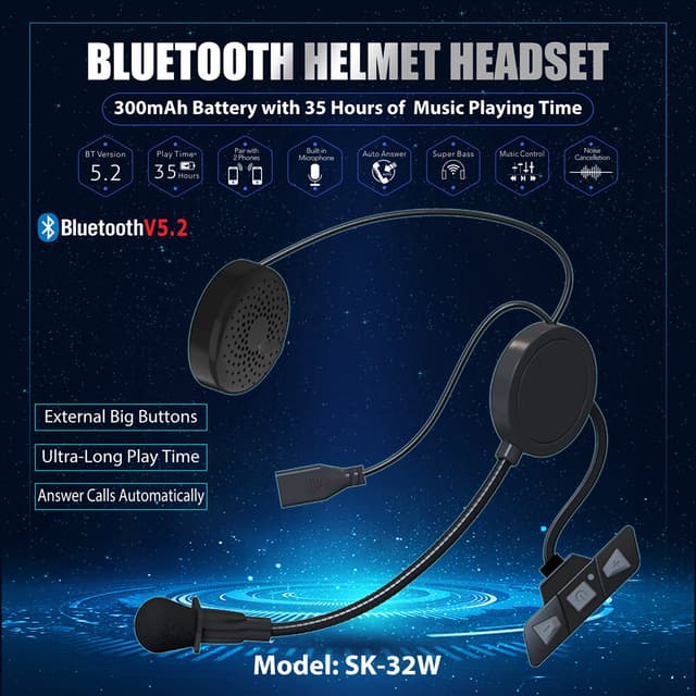 Motorcykelhjelm Headset Bluetooth 5.2 Sort