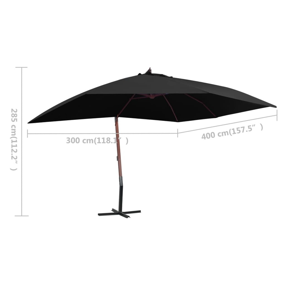 Parasol suspendu avec mât en bois 400 x 300 cm noir