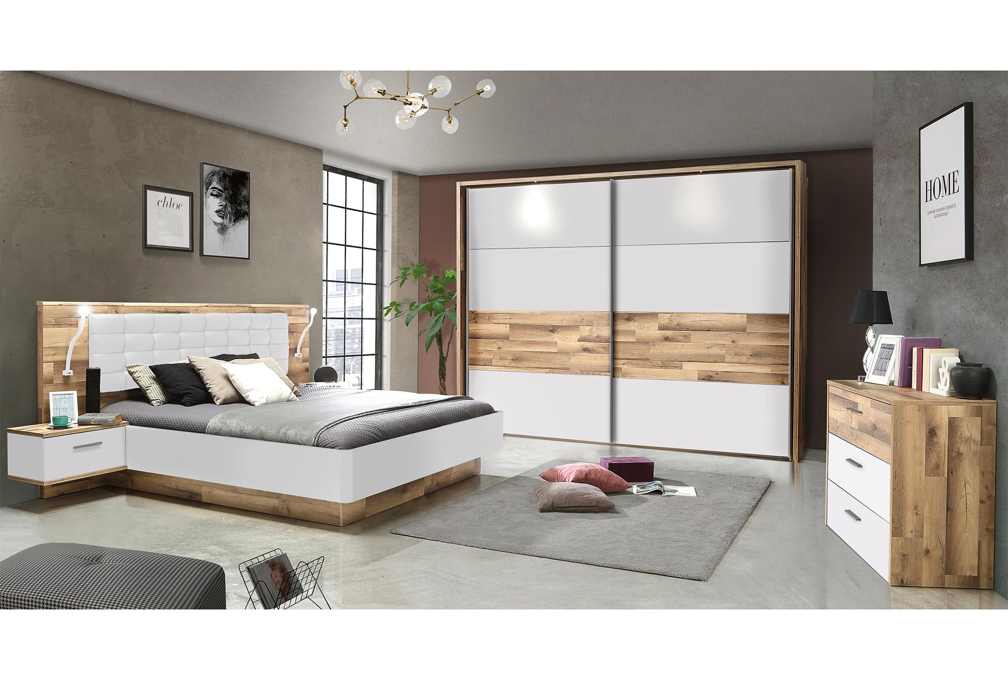 2-teiliges Schlafzimmer-Set - Stabeiche - weiß