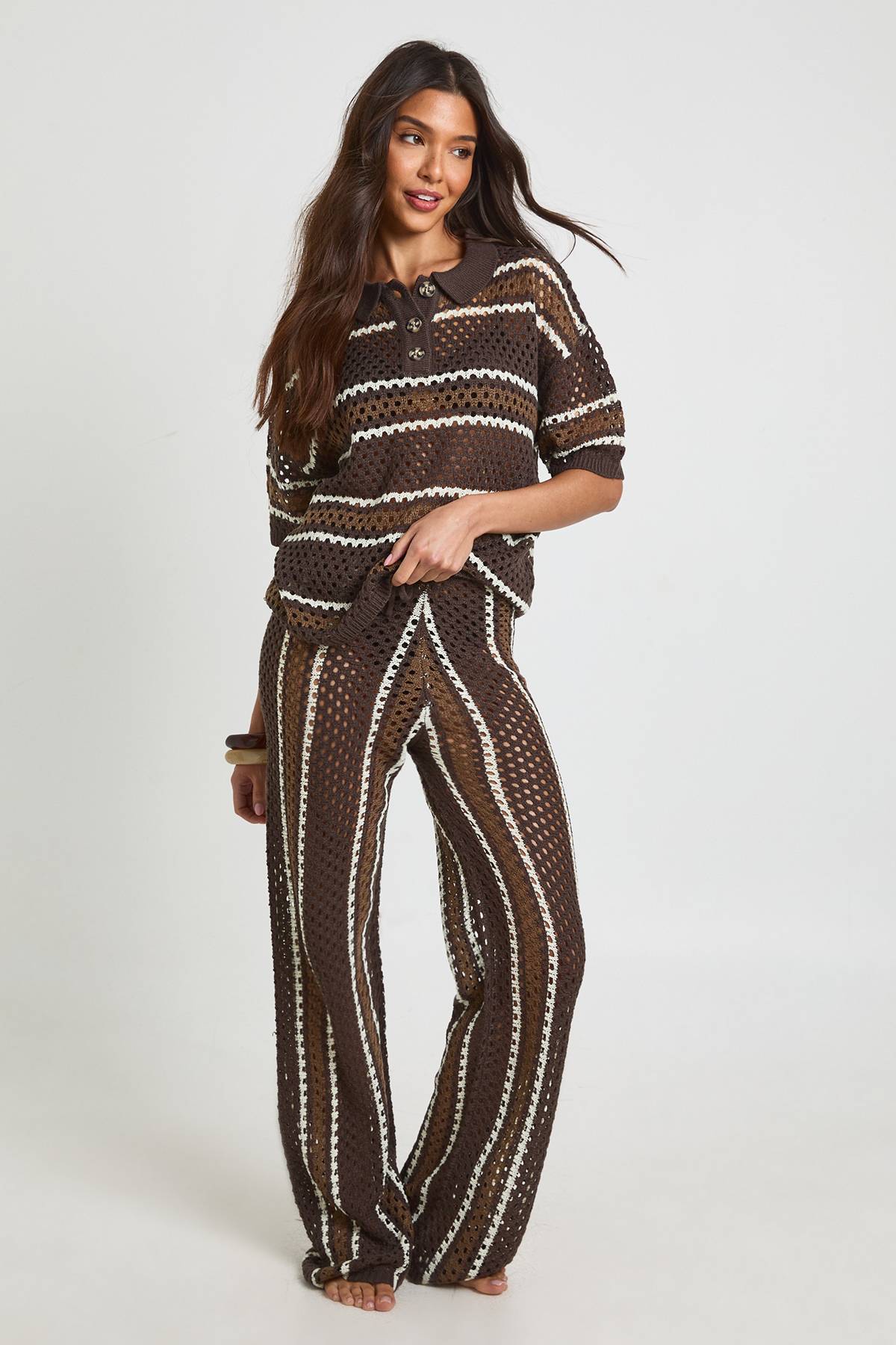 boohoo Ensemble Coordonné Chemise Boutonnée Et Pantalon Large À Rayures En Crochet Pour La Plage
