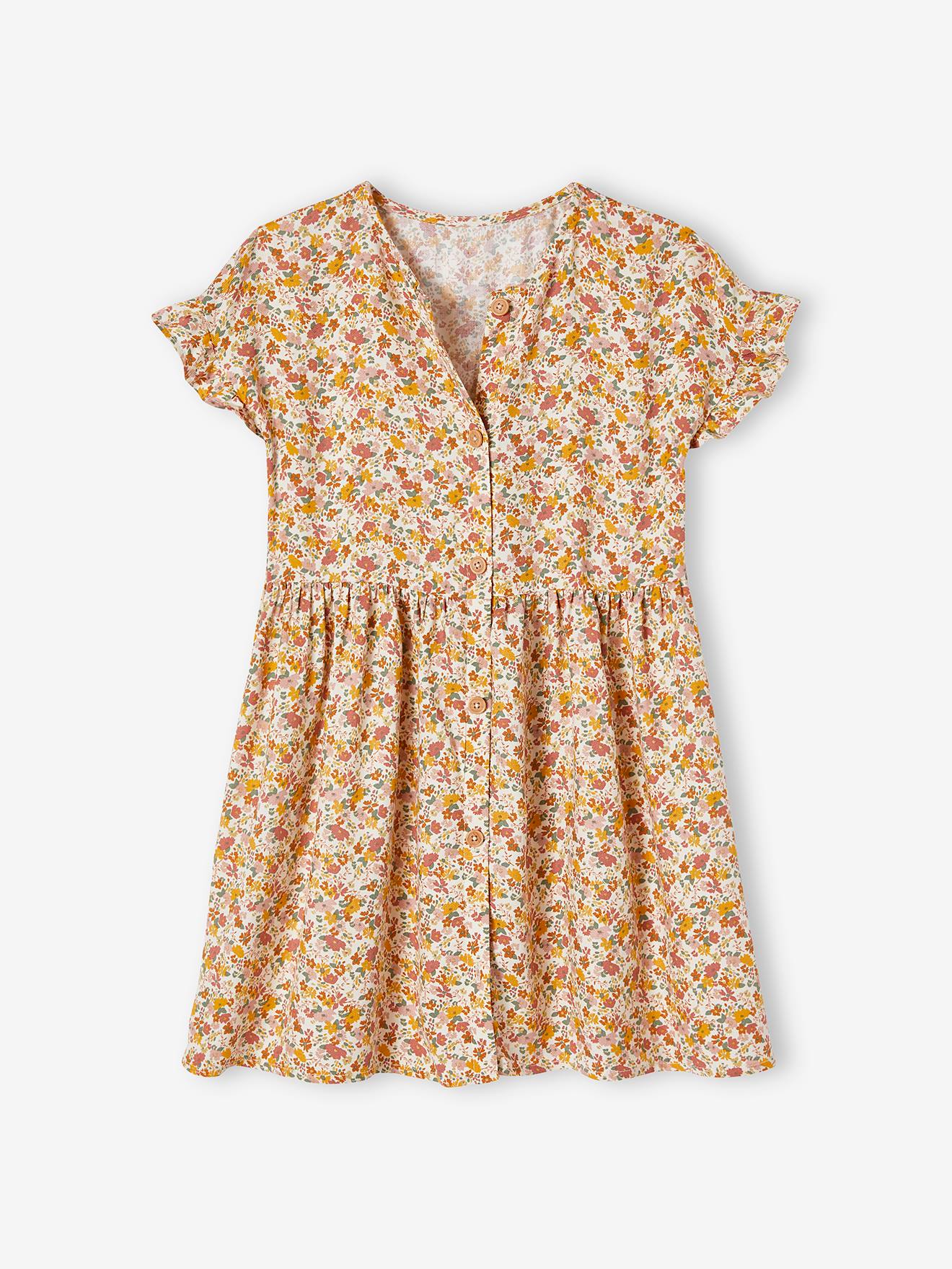 Vestido com botões e estampa floral, para meninas, na cor bege claro.