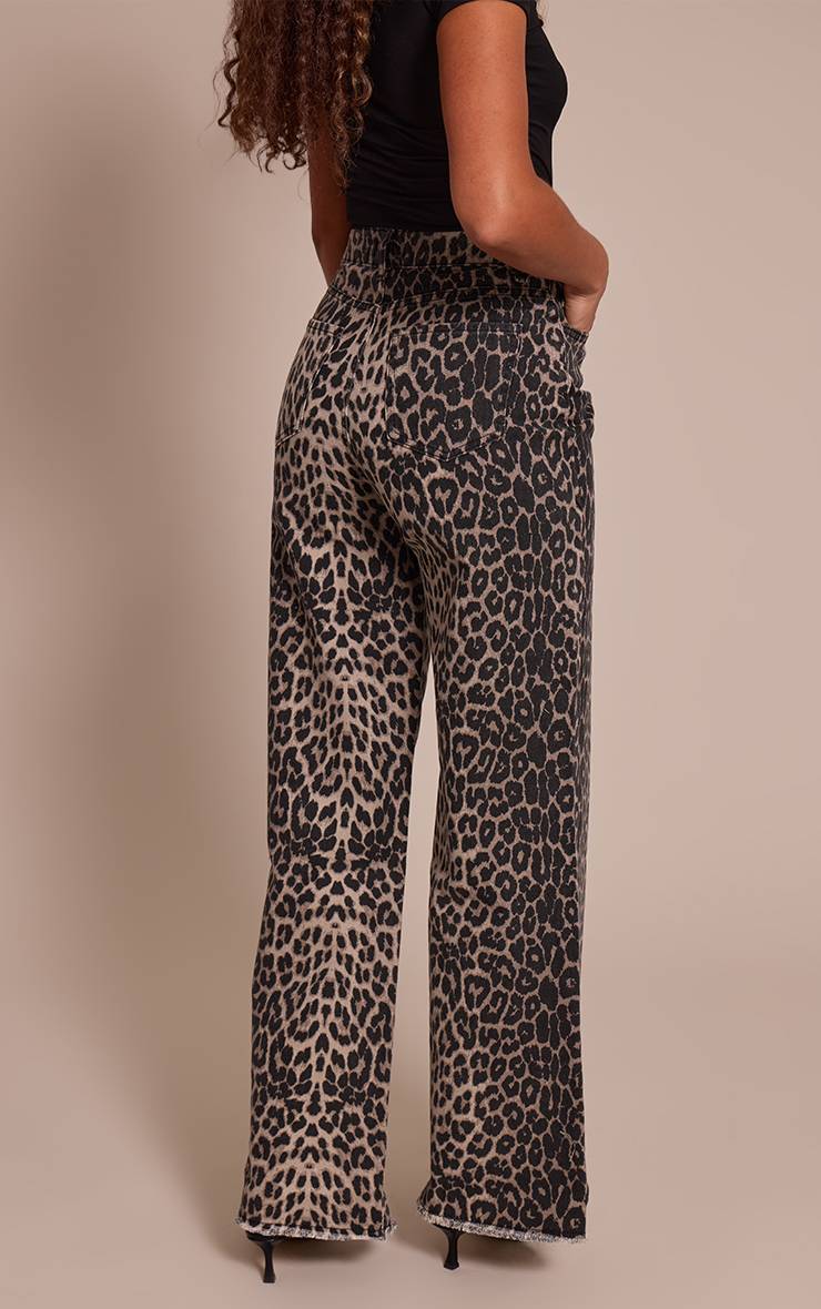 Marron Jean Denim Large À Imprimé Léopard Taille Haute