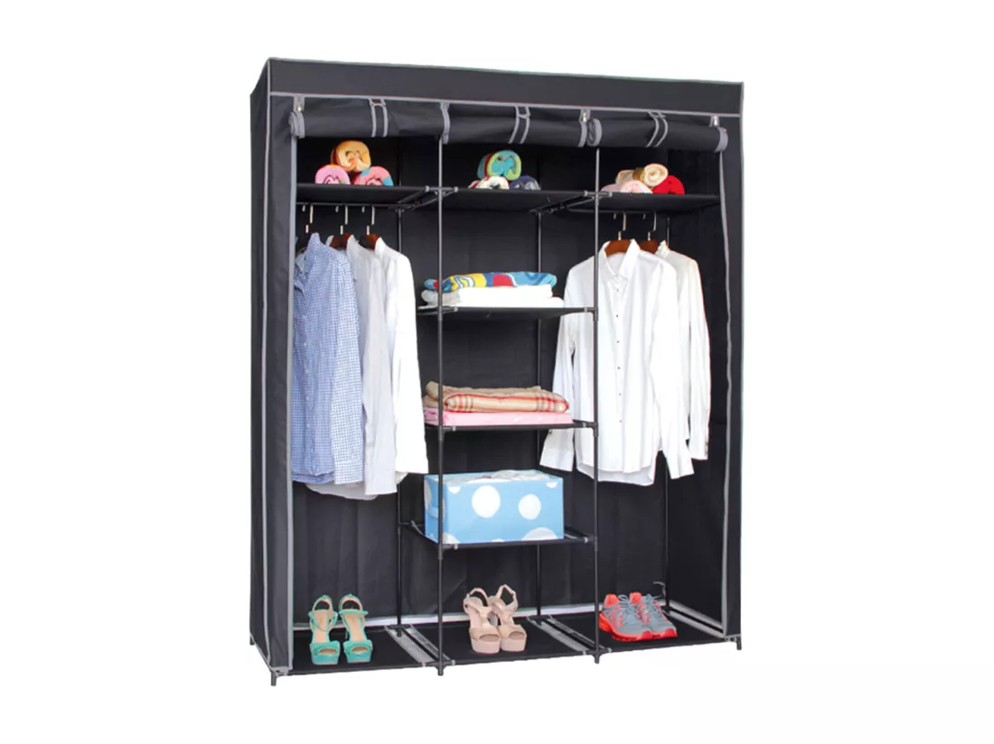 Armoire de rangement penderie dressing en toile coloris noir - Longueur 150 x profondeur 45 x Hauteur 172 cm.