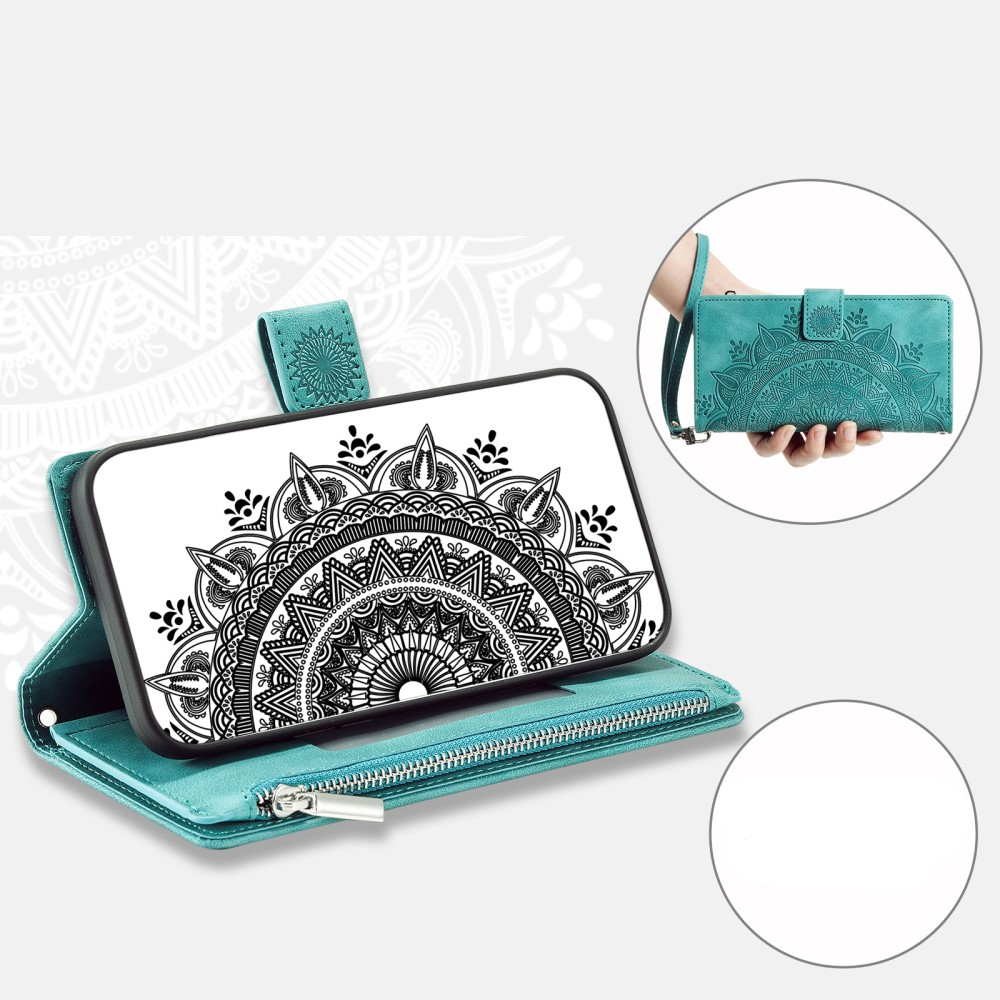 iPhone 15 Leder Tasche Flip Cover mit Reissverschluss - Mandala Flowers Imprint - Türkis
