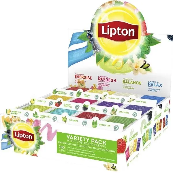 Te Lipton med 180 tebreve, i 12 varianter, i displayæske