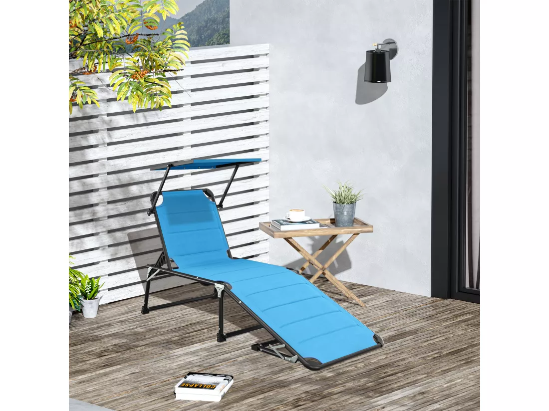 Bain de soleil transat pliable grand confort dossier pare-soleil réglables multi-positions alu. textilène bleu