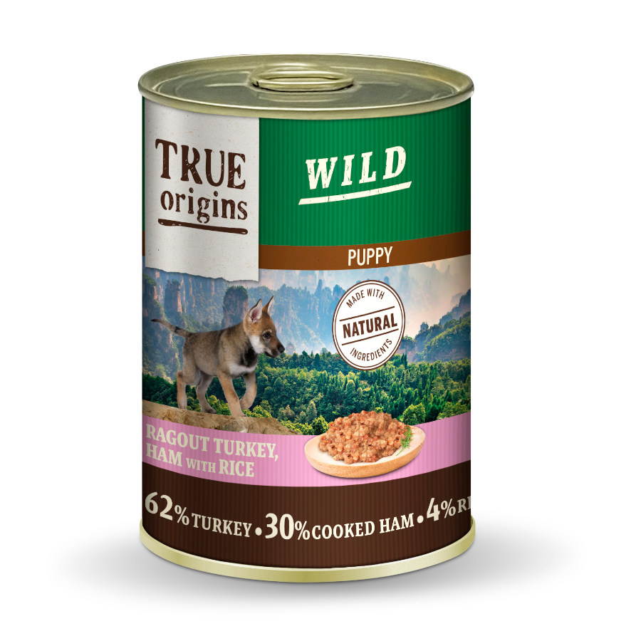 Lata de 400g de True Origins Wild Puppy com peru e presunto cozido e arroz para filhotes