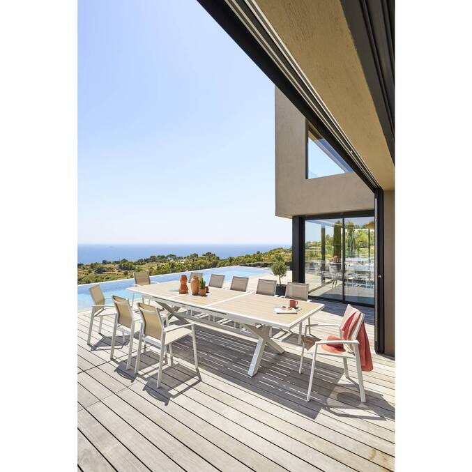 Table de jardin extensible AXIOME Effet bois Lin & Blanc