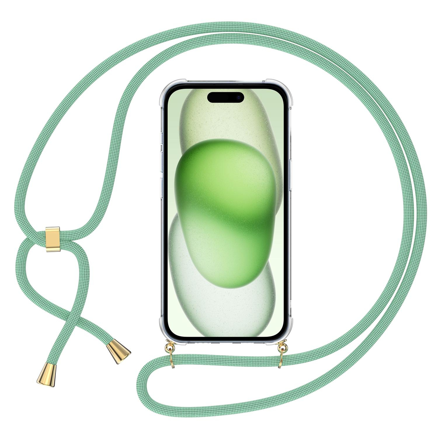 iPhone 15 Necklace Gummi Hülle Air Cushion Fallschutz   Handykette (150cm) - Türkis / Gold