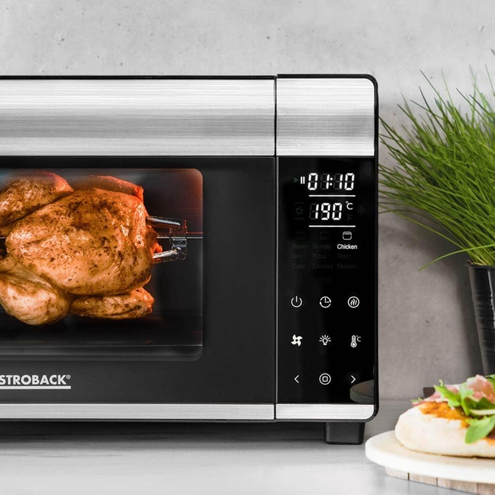 GASTROBACK Design Mini-Backofen Bake & Grill - Minibackofen mit Umluft, 26 L, 5 Funktionen bei 30°C - 230°C, Cool Touch Gehäuse - 30 cm Ø Pizzastein, Backblech, Grillrost und Grillspieß