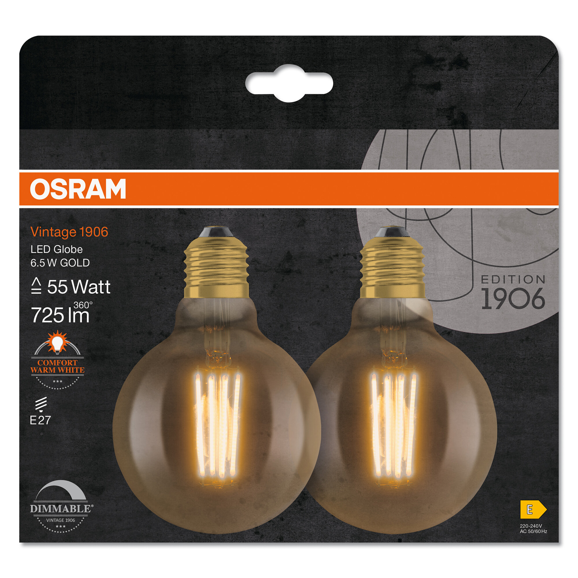 LED-Leuchtmittel Vintage Globe 2er-Set - warmweiß -6,5 Watt - E27
