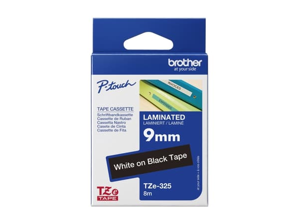 Brother TZe-325 - Standardklebemiddel - hvitt på svart - Rull (0,9 cm x 8 m) 1 kassett(er) laminert teip - for Brother PT-D210, D600, H110; P-Touch P