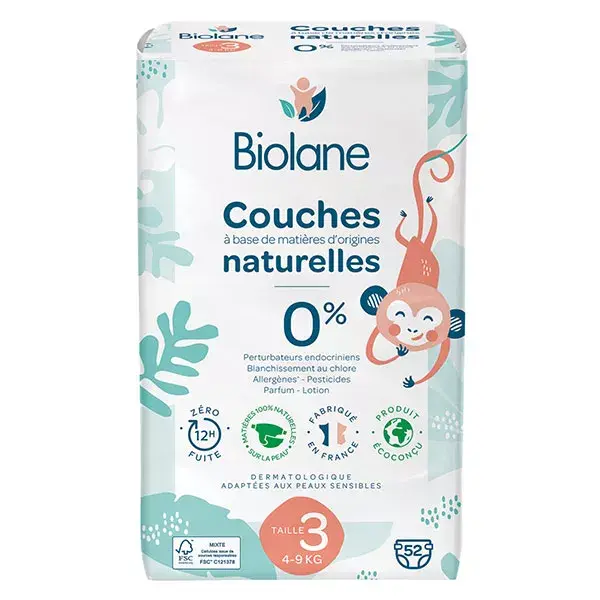 Biolane - Fraldas Naturais Tamanho 3 - Ultra-absorventes, à prova de vazamentos - Pacote com 52 unidades