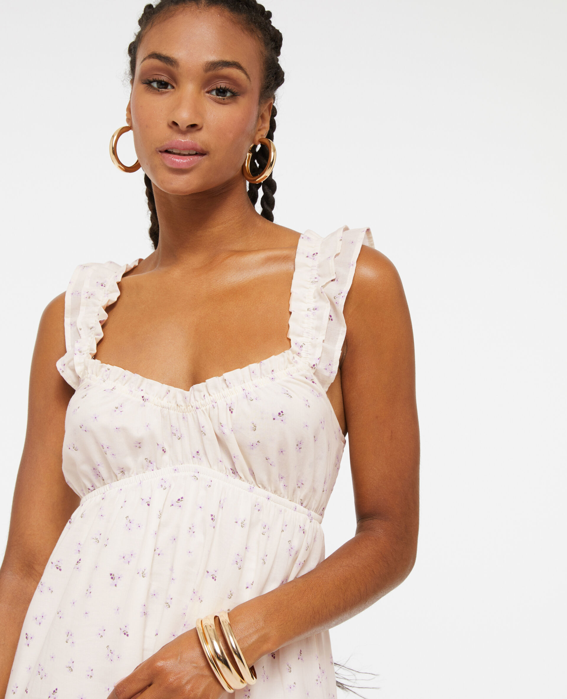 Robe longue motif fleurs avec volants - Blanc