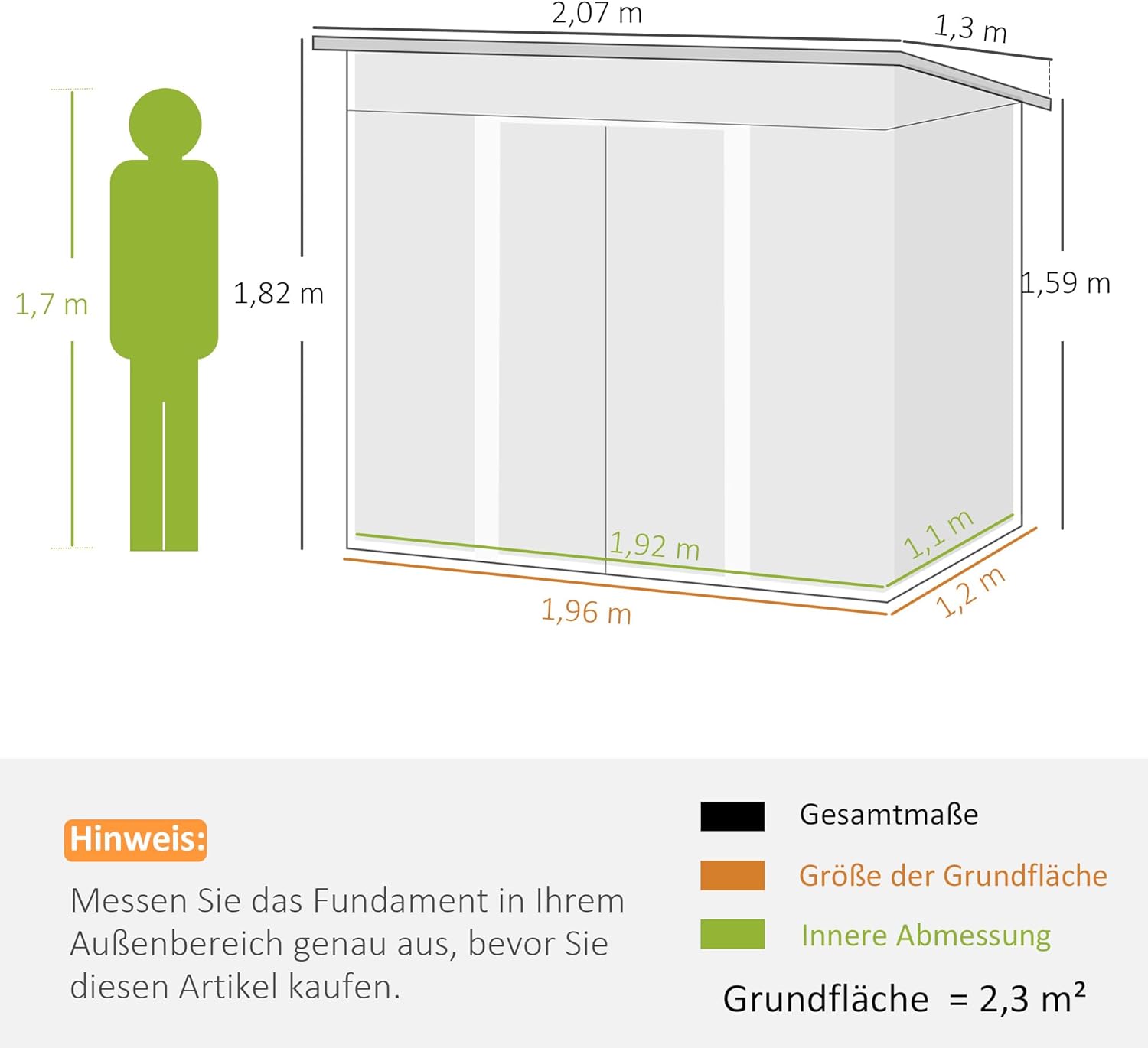 Outsunny Gerätehaus 2,3 m² 207 x 130 x 182 cm Metall Garten Schuppen mit Fenster Pultdach Schiebetüren Fundament wetterfest Geräteschuppen Outdoor Gartenhaus für Hinterhof Grün