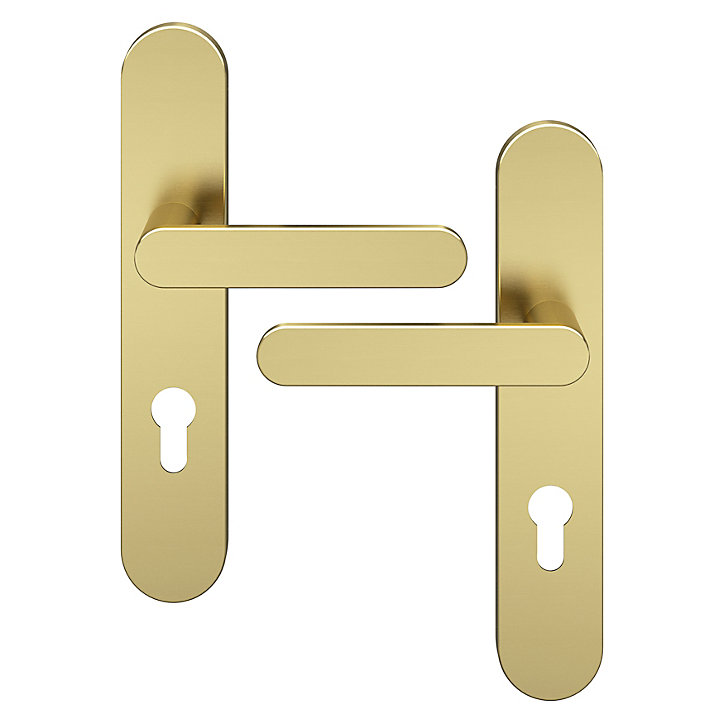 Ensemble poignée sur plaque rondcylindre GoodHome Minzh effet laiton satin doré L.120mm x l.42mm entraxe 165-195mm