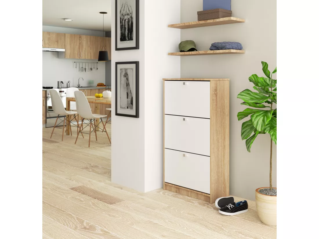 Meuble à chaussures AKORD Chêne Sonoma 60 cm 3 portes façade Blanche 3 étagères 60x28,5x113 cm