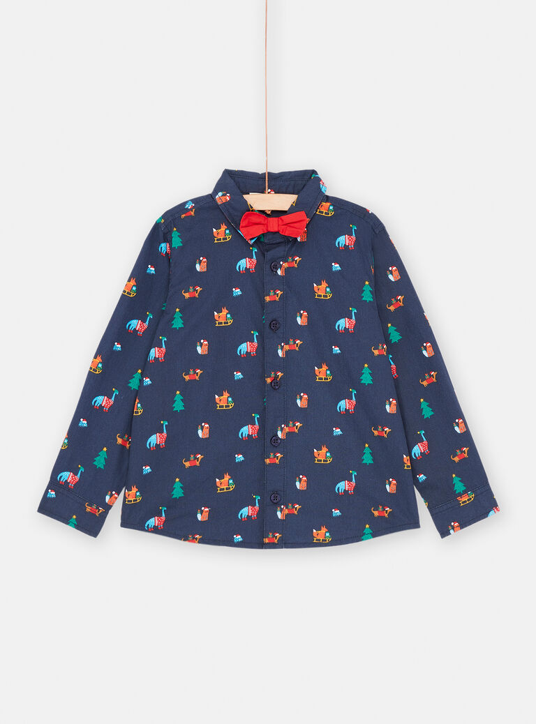Chemise bleu nuit imprimé Noël pour garçon