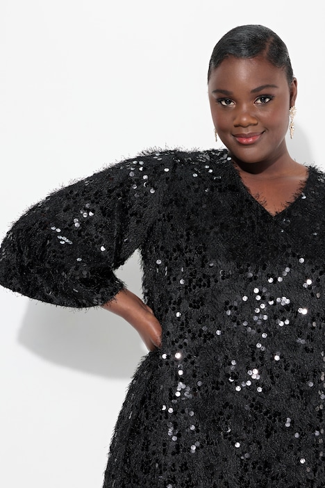 Kleid, Fransen, Pailletten, V-Ausschnitt, 3/4-Arm