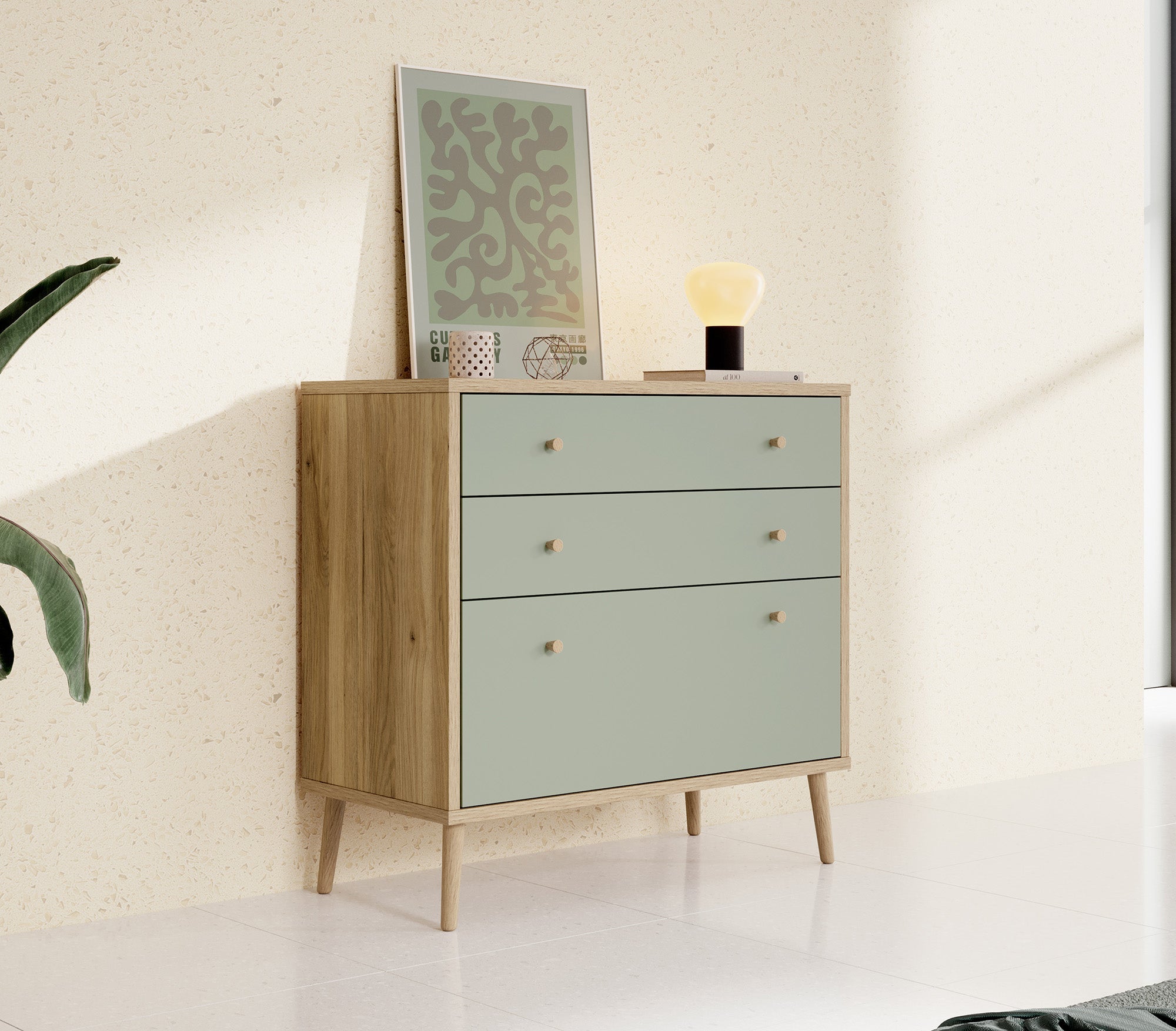 Meubella - Ladekast Wally - Licht eiken - Groen - 90 cm