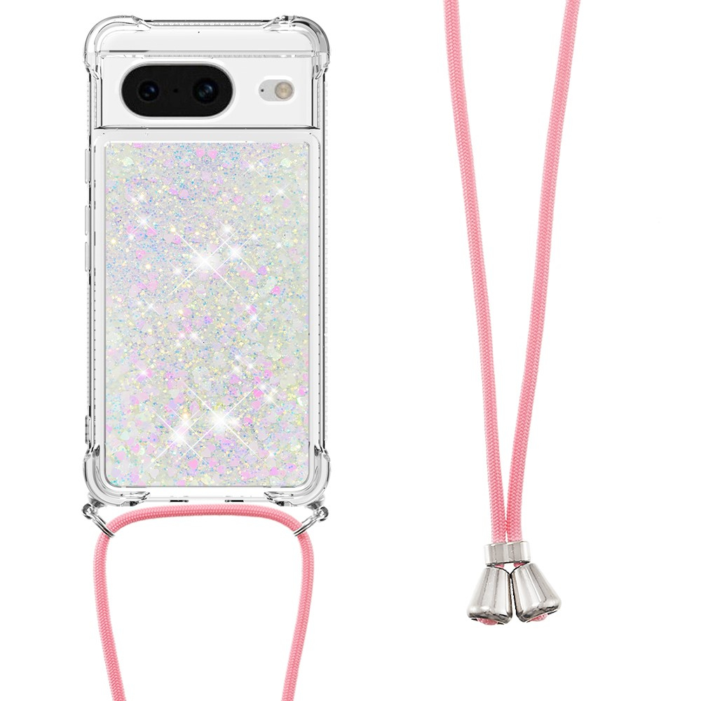 Google Pixel 8 Necklace Gummi Hülle Liquid Glitzer   Handykette (130cm) - Rosa / Silber