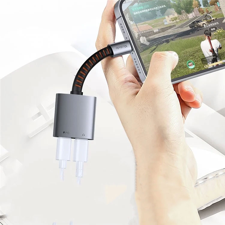 (10cm) 2in1 USB C auf Dual USB C Kabel Adapter mit Kopfhörer und Ladeanschluss PD (60W) - Grau