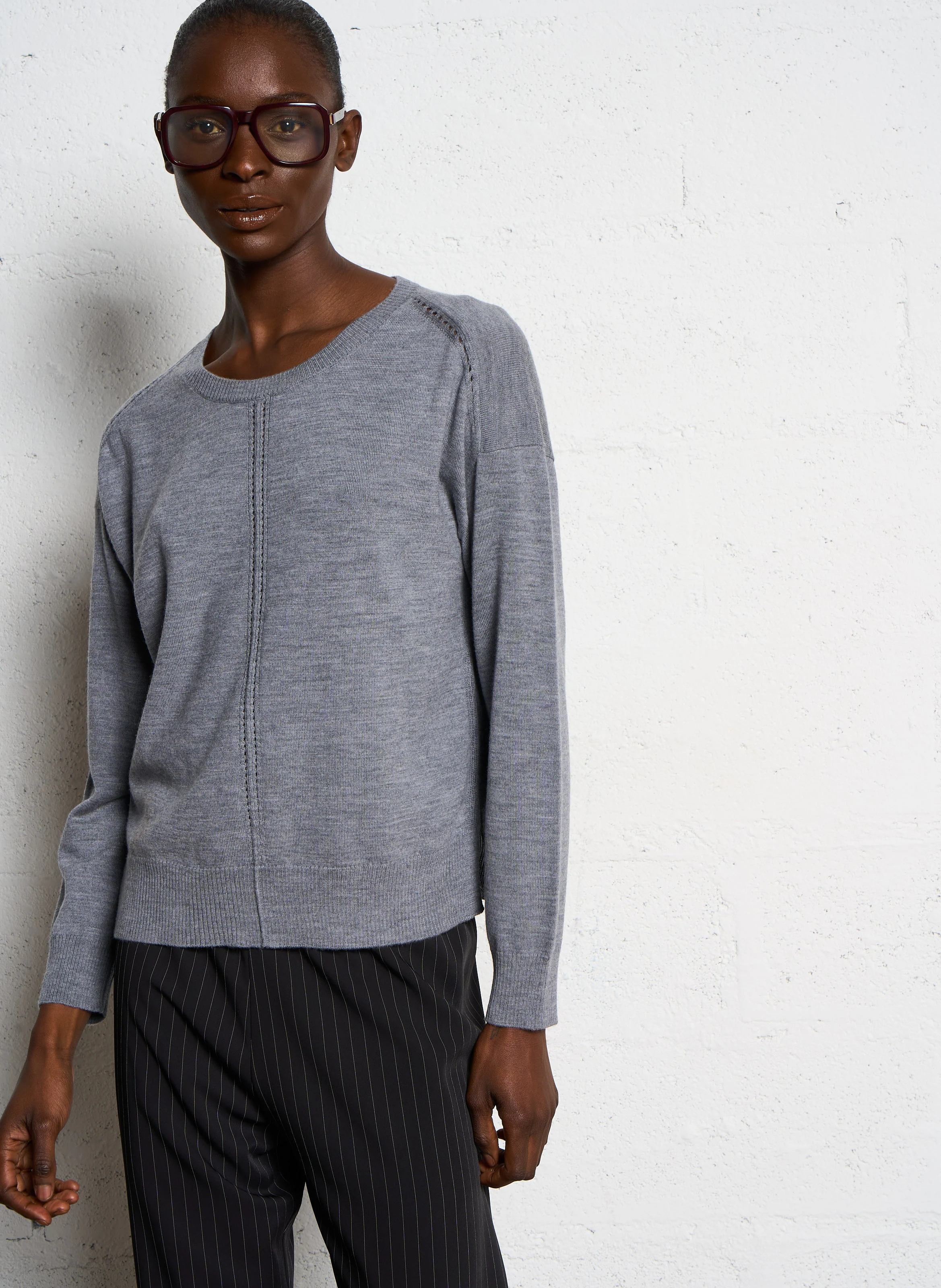 MAKINO - Pull fin col rond ajouré en laine | Gris