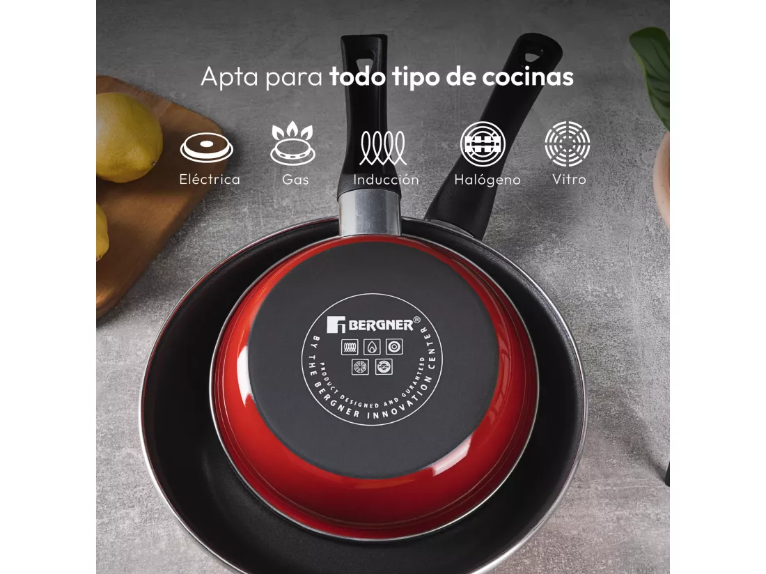 Lot de 2 poêles CLASSIQUE Ø20Ø26cm antiadhésives en aluminium forgé + ustensiles de cuisine Bergner vert