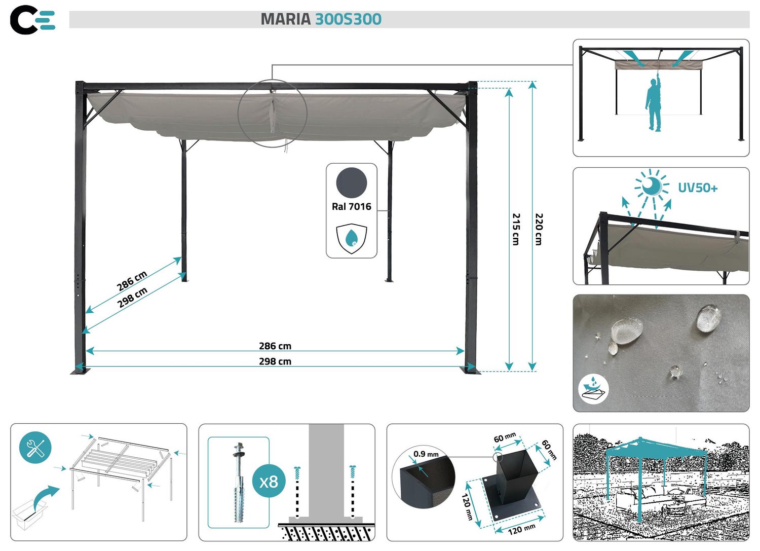 Pergola MARIA 300S300 met uitschuifbaar dak, lichtgrijs
