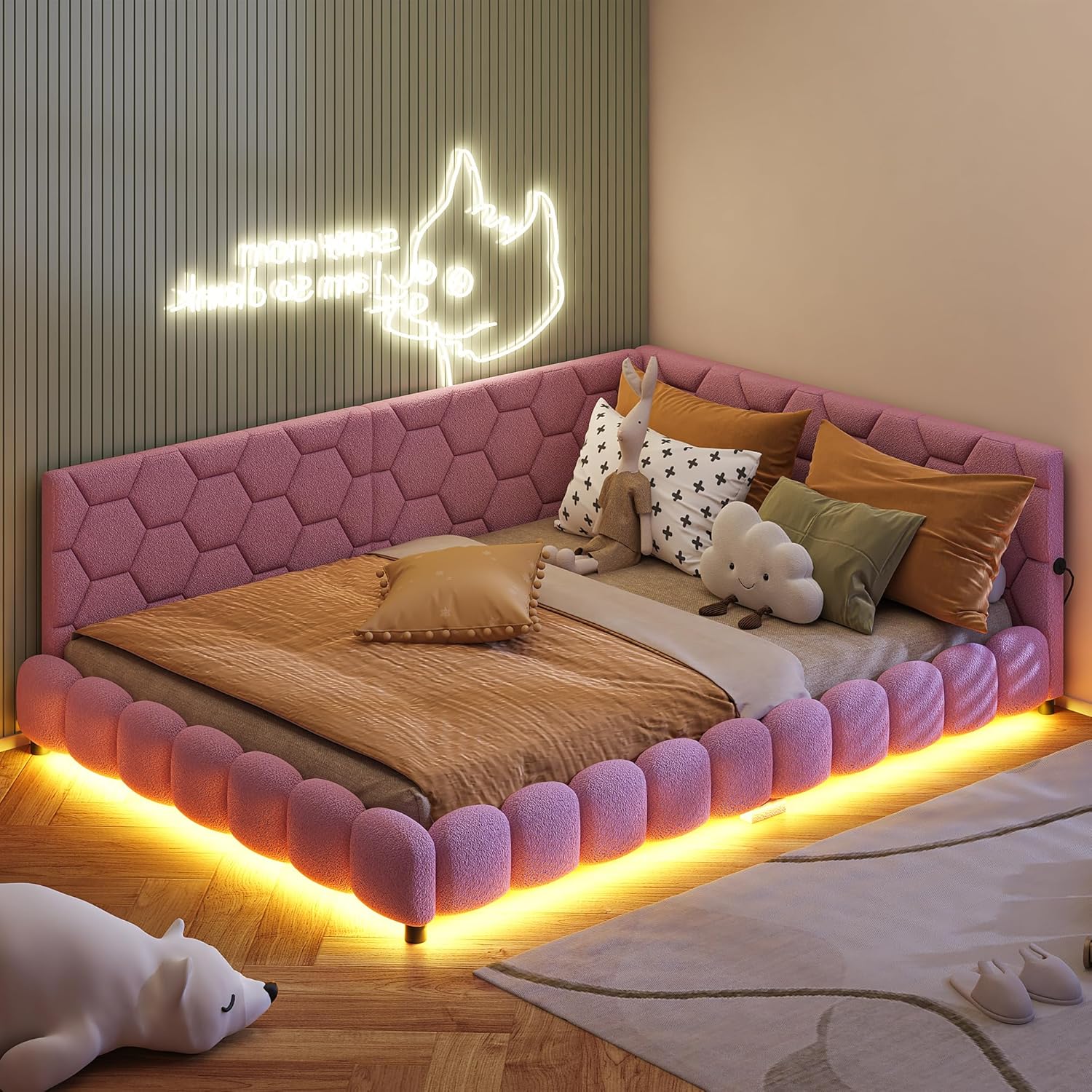Polsterbett Schlafsofa 140x200cm, mit Umgebungslicht und USB-Anschluss, Kinderbett mit Lattenrost, Funktionsbett, Jugendbett,Lammwollmaterial, Rosa