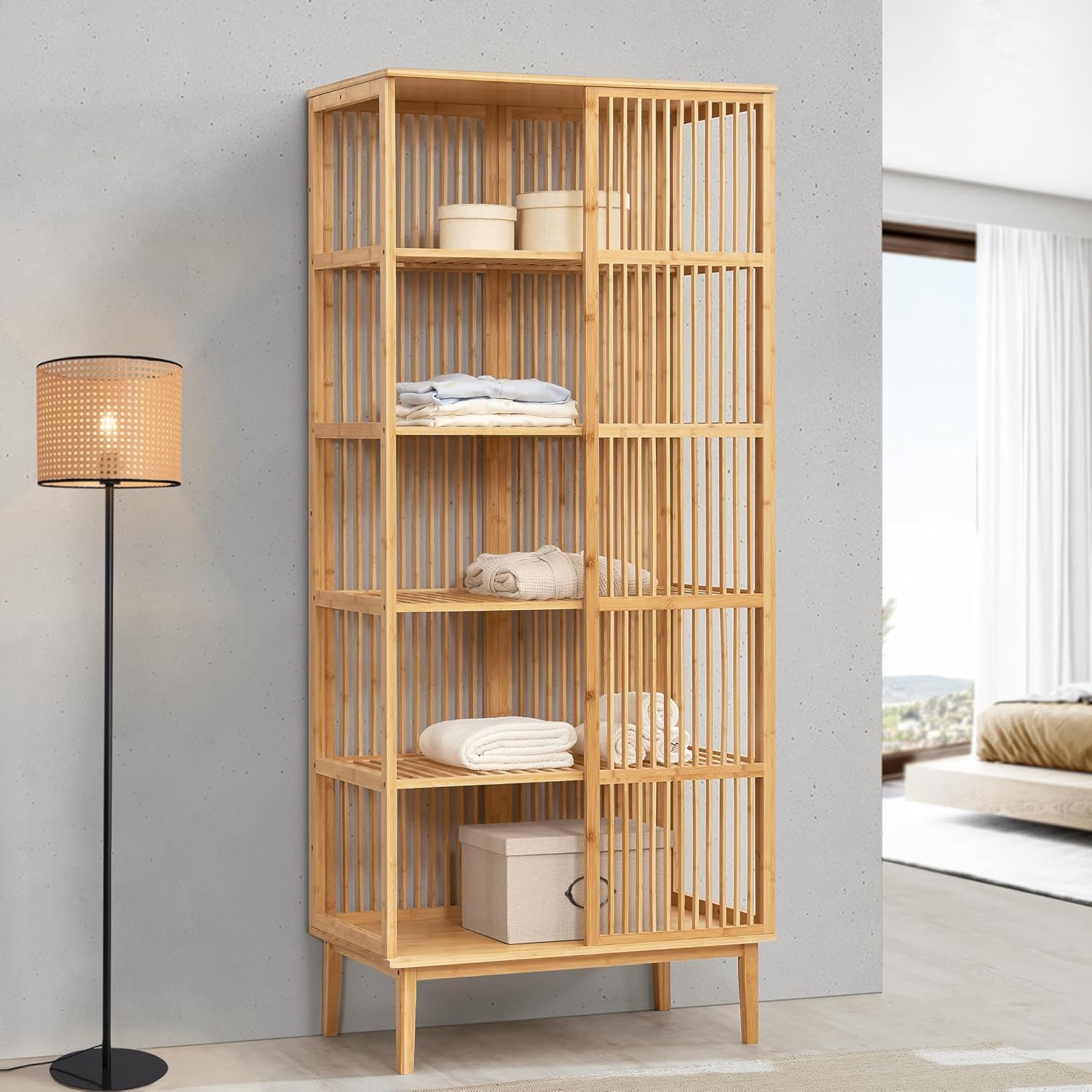 [en.casa] Standregal Trundholm Badregal mit 5 Ablagen freistehend aus Bambus Aufbewahrungsregal 185 x 80 x 45 cm für Wohnzimmer Flur Küche