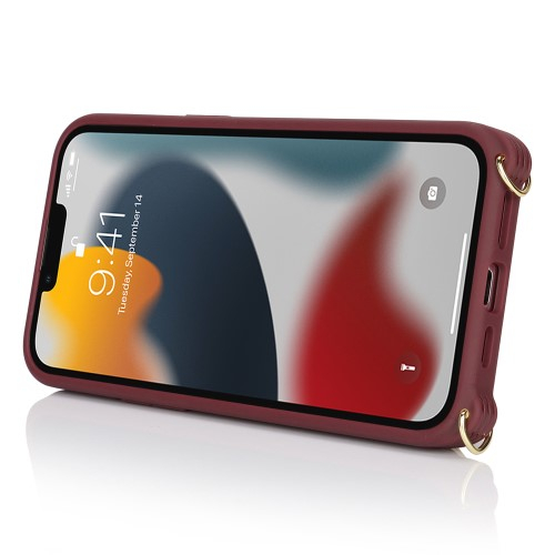 iPhone 13 Pro Necklace Leder Hülle mit Münzfach und Kartenfächer   Finger Griff Halterung   Handykette - Weinrot