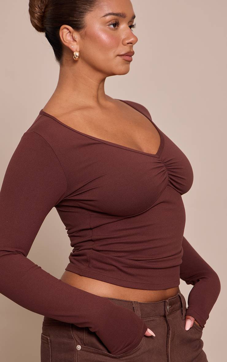 Chocolat Haut Manches Longues Sculptant À Poitrine Froncée Shape