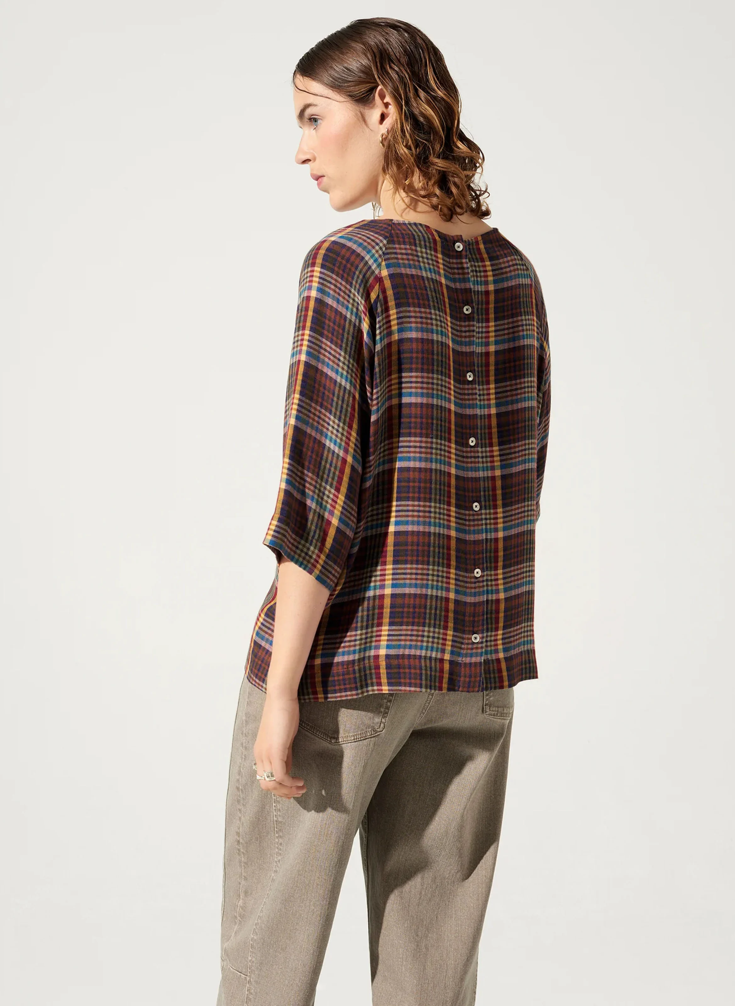 ANCA - Blouse col rond à carreaux | Bleu