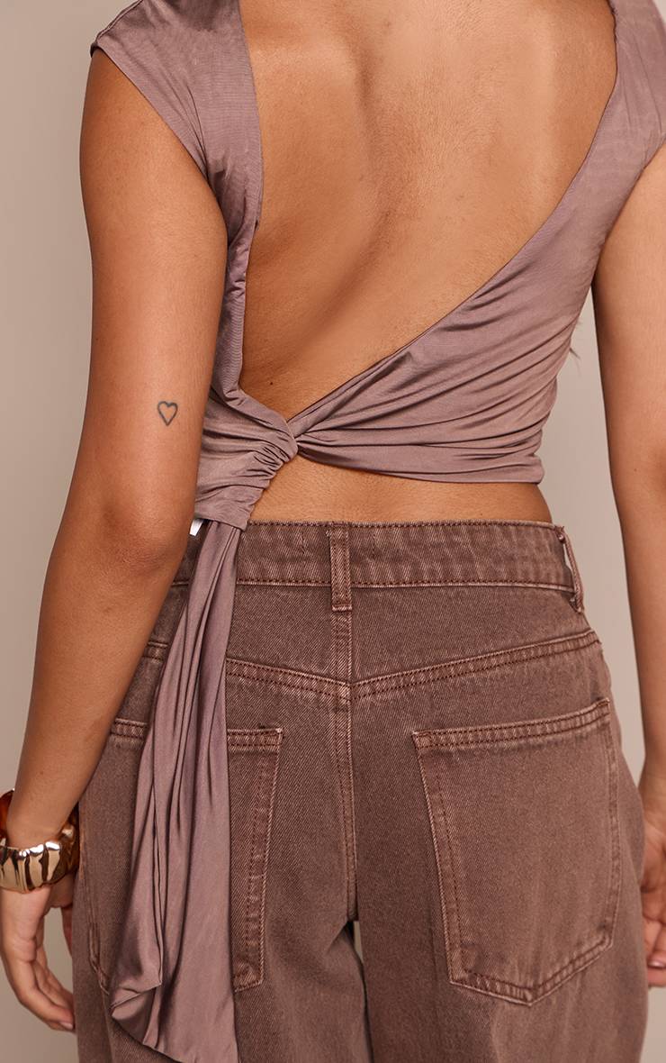 Taupe Haut Sans Manches Asymétrique Drapé Dos Ouvert En Tissu Slinky