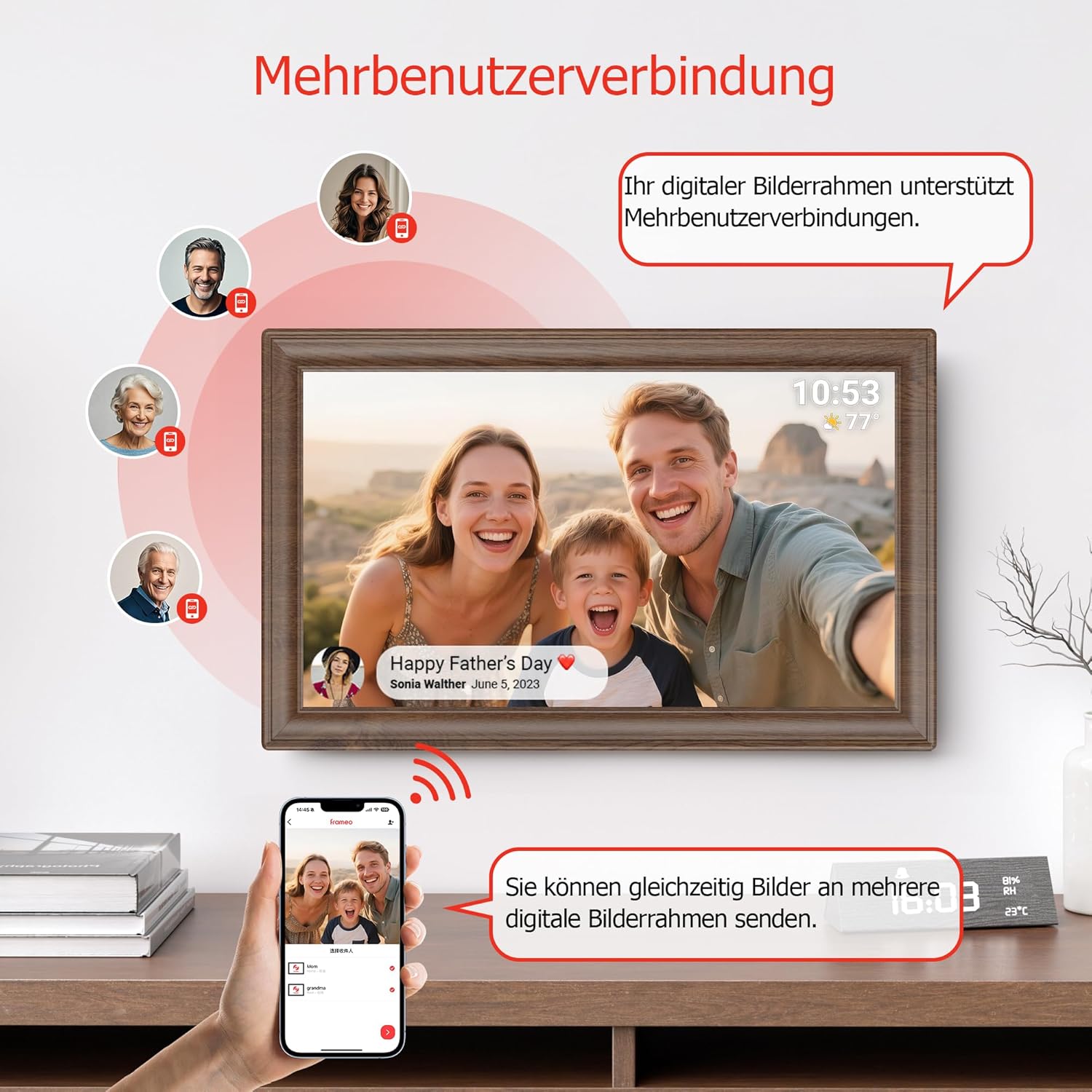64GB FRAMEO 15.6 Zoll Digitaler Bilderrahmen 64GB Holzmaserung - FHD 1920 * 1080P IPS Touchscreen Digitale Bilderrahmen Auto Rotation Elektronischer Fotorahmen, Teilen Sie Fotos/Videos Sofort