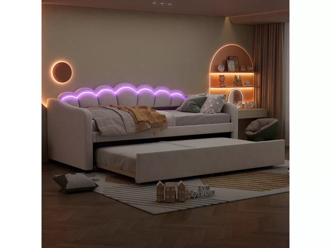 Lit gigogne 90 x 200 cm + lit 90 x 190 cm, canapé-lit - velours - LEDs - coloris beige (sans matelas)