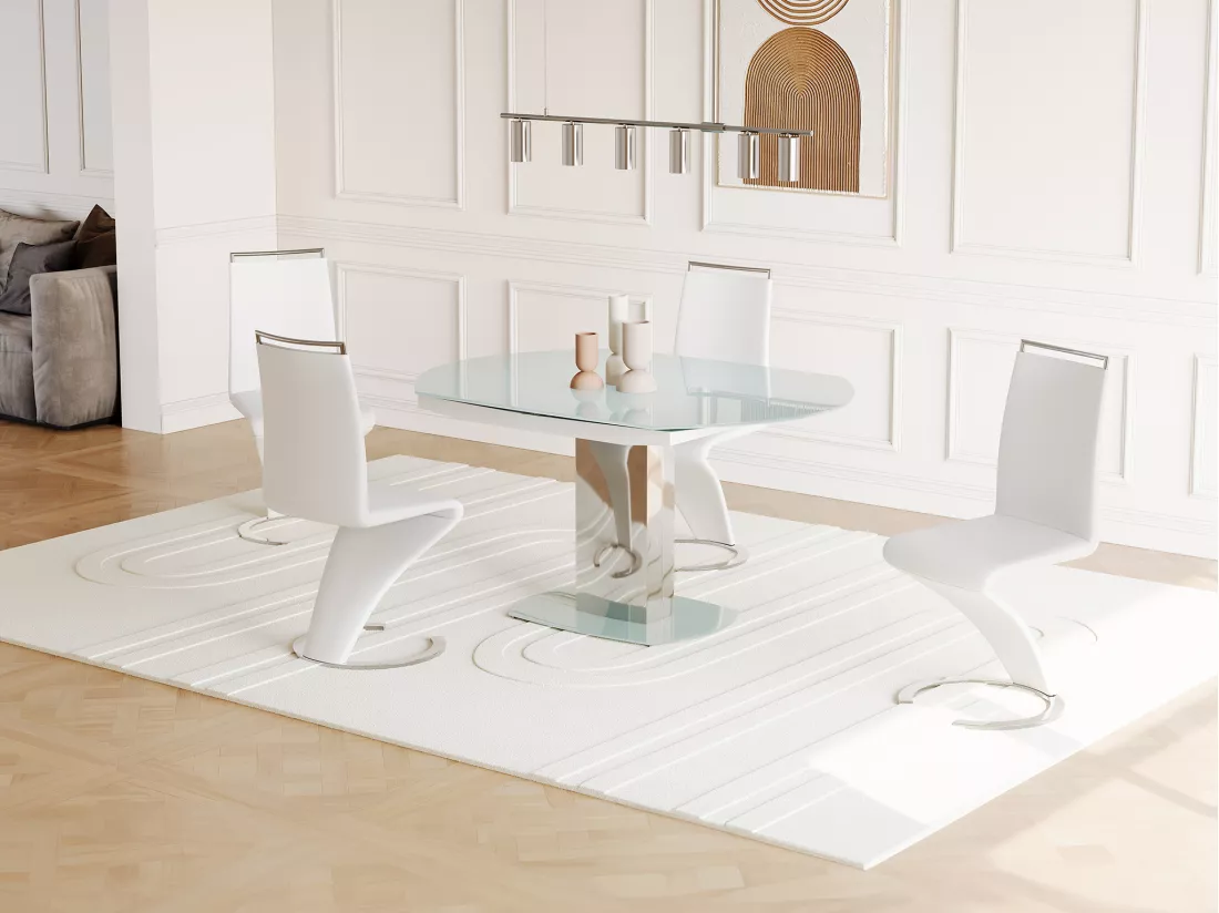 Table à manger extensible TALICIA - Verre trempé & métal - 6 à 8 personnes - Coloris Blanc