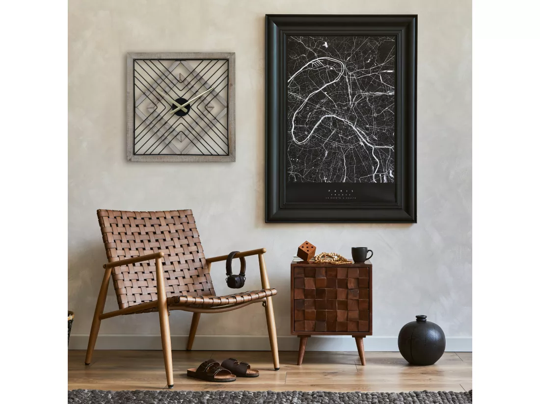 Horloge Murale Carrée en Métal Mdf Noir Brun Style Moderne