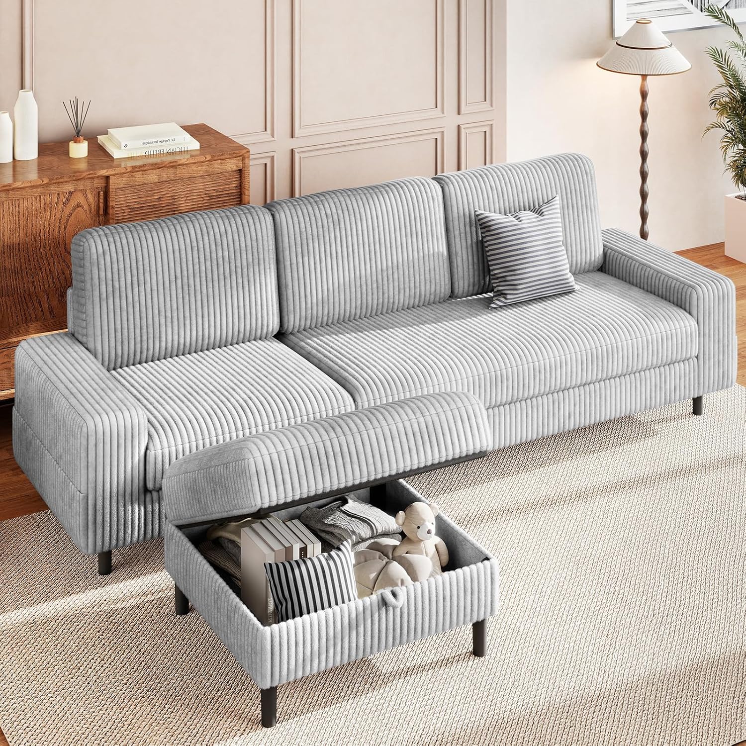 200cm Sofa 3 Sitzer L Form mit Verstellbarer Aufbewahrungs-Hocker, Ecksofa mit Schlaffunktion, Modulares Sofa, Cordcouch, Holzrahmen, tiefer Sitz, Ideal für Wohnzimmer, Grau